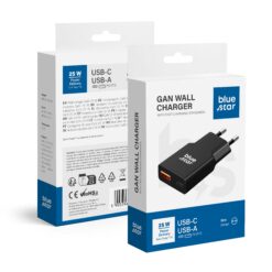 Hitri hišni polnilec Blue Star Slim GaN 25W (USB-C + USB-A) QC 4.0 PD – črn